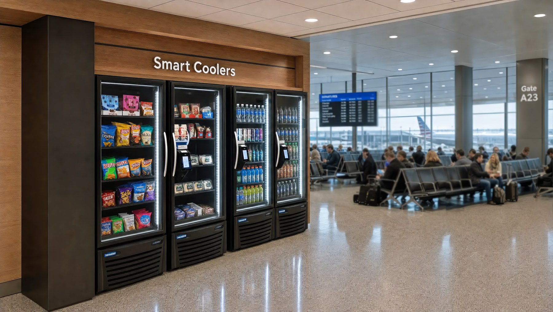 Locked smart coolers under a Smart Coolers sign in an airport gate area, card readers lit, passengers seated at the gate beyond