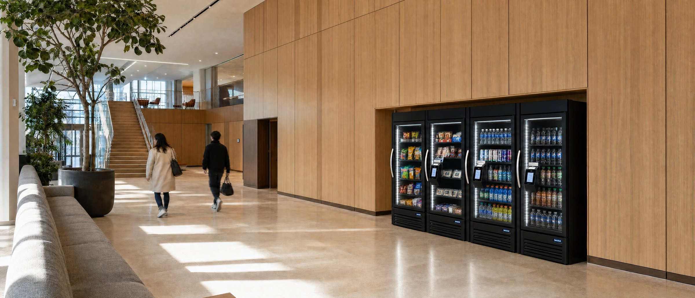 Smart coolers in a sunlit wood-paneled lobby with seating, an indoor tree and people walking toward a staircase