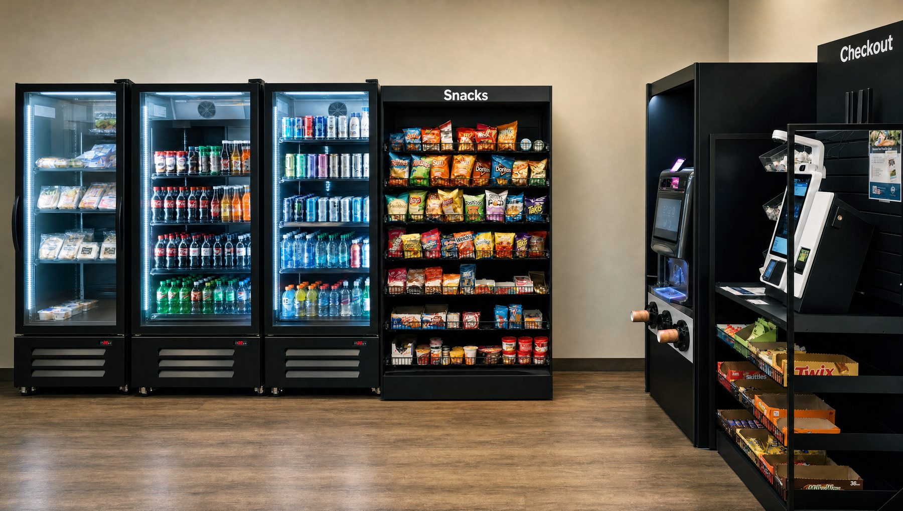 A micro market in a staff break area: glass-door coolers, an open snack rack, a coffee unit and a self-checkout kiosk on a wood floor