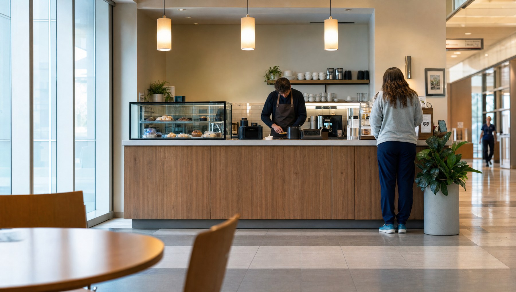 A staffed coffee counter inside a working building, a barista behind it and a customer waiting