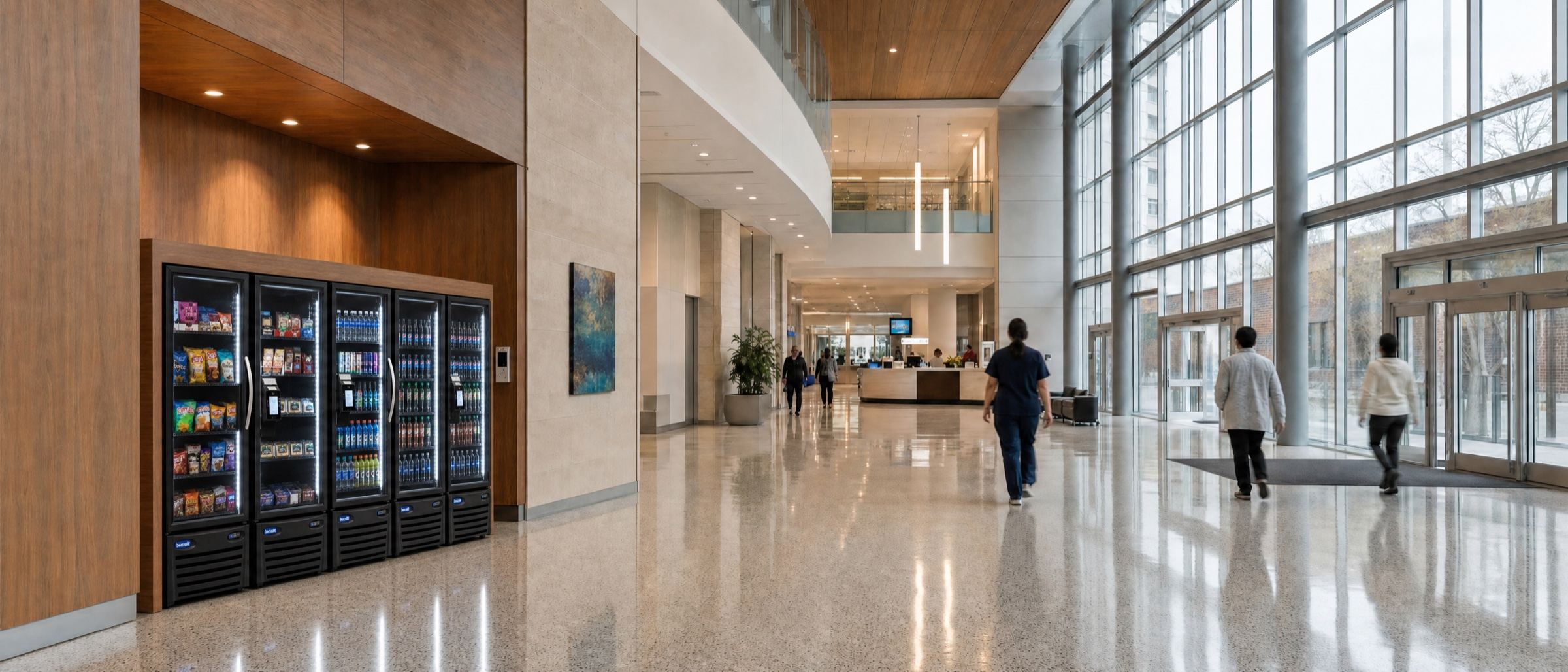A daylit hospital lobby with glass-door coolers set into a wood-paneled alcove, people crossing the floor at a distance