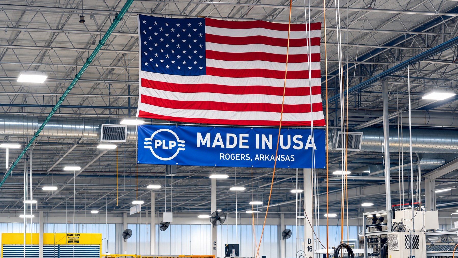 A plant floor under a large American flag, with a Made in USA, Rogers, Arkansas banner hanging beneath it above the production lines